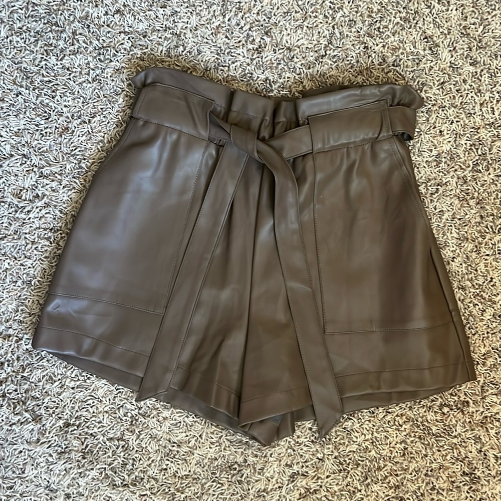 Olivaceous High-Waist Faux Leather Shorts in Brown